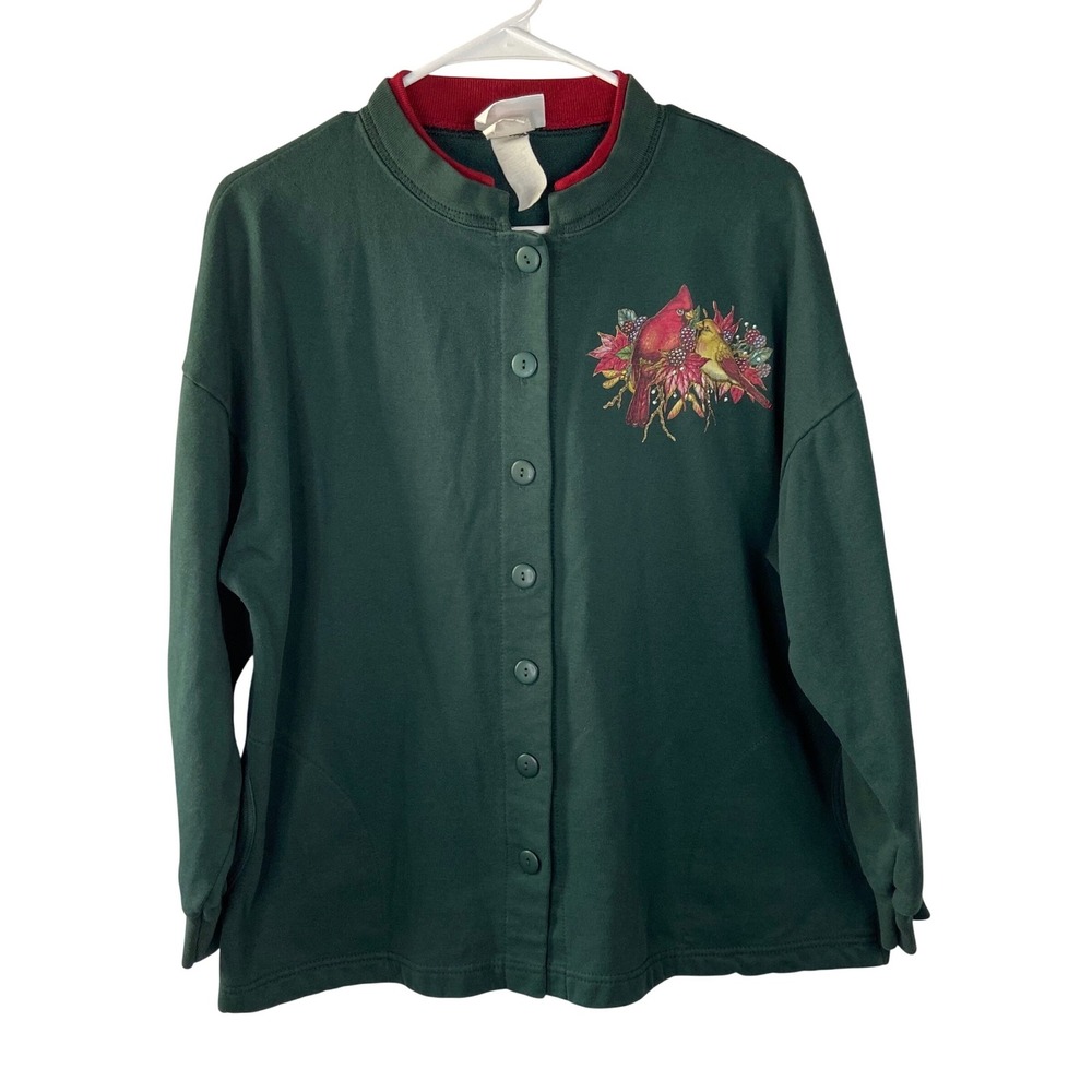 Morning Sun Petite Green Cardinal Bird Button‎ Front Sweatshirt Jacket Holiday L
